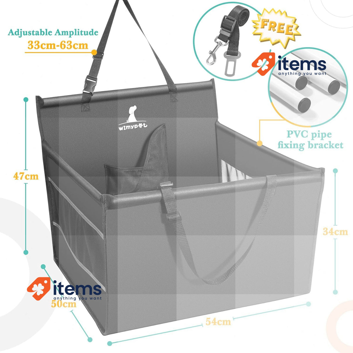 Wimypet Dog & Cat Car Booster Basket 100% Waterproof & Breathable 54x50x47cm