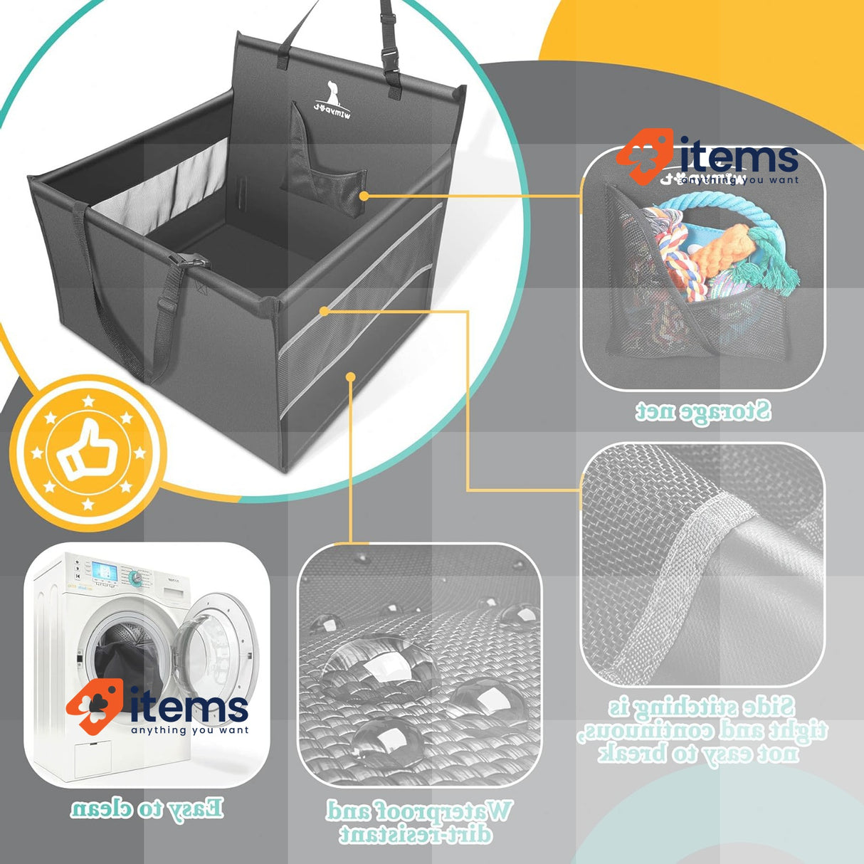 Wimypet Dog & Cat Car Booster Basket 100% Waterproof & Breathable 54x50x47cm