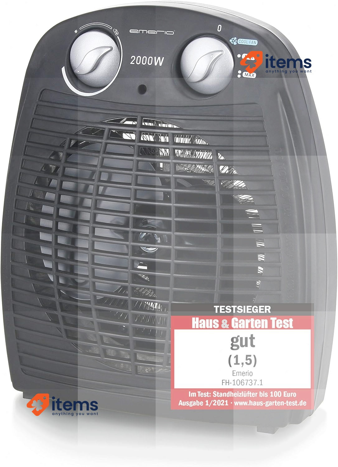 Emerio FH - 106737.2 Note 1.5 Small Compact Portable Fan Heater Charcoal 2000 W