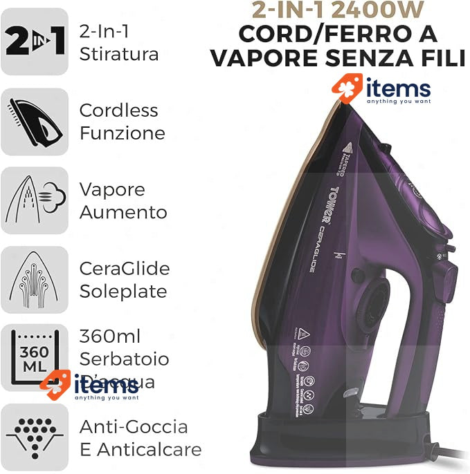 Tower T22008 CeraGlide Wireless Steam Iron with Variable Steam Function Purple