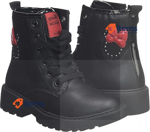 Geox J Casey Girl Ankle Boots in Black with Red Mouse Decoration Geox Girl