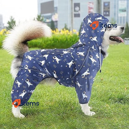 Idepet Dog Raincoat With Hood & Collar Hole 3XL Blue Waterproof Poncho Jacket