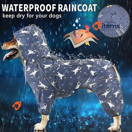 Idepet Dog Raincoat With Hood & Collar Hole 3XL Blue Waterproof Poncho Jacket