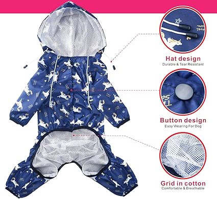Idepet Dog Raincoat with Hood & Collar Hole 3XL Blue