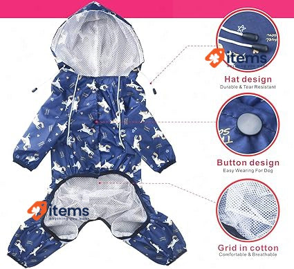 Idepet Dog Raincoat With Hood & Collar Hole 3XL Blue Waterproof Poncho Jacket