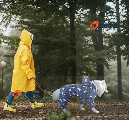 Idepet Dog Raincoat With Hood & Collar Hole 3XL Blue Waterproof Poncho Jacket