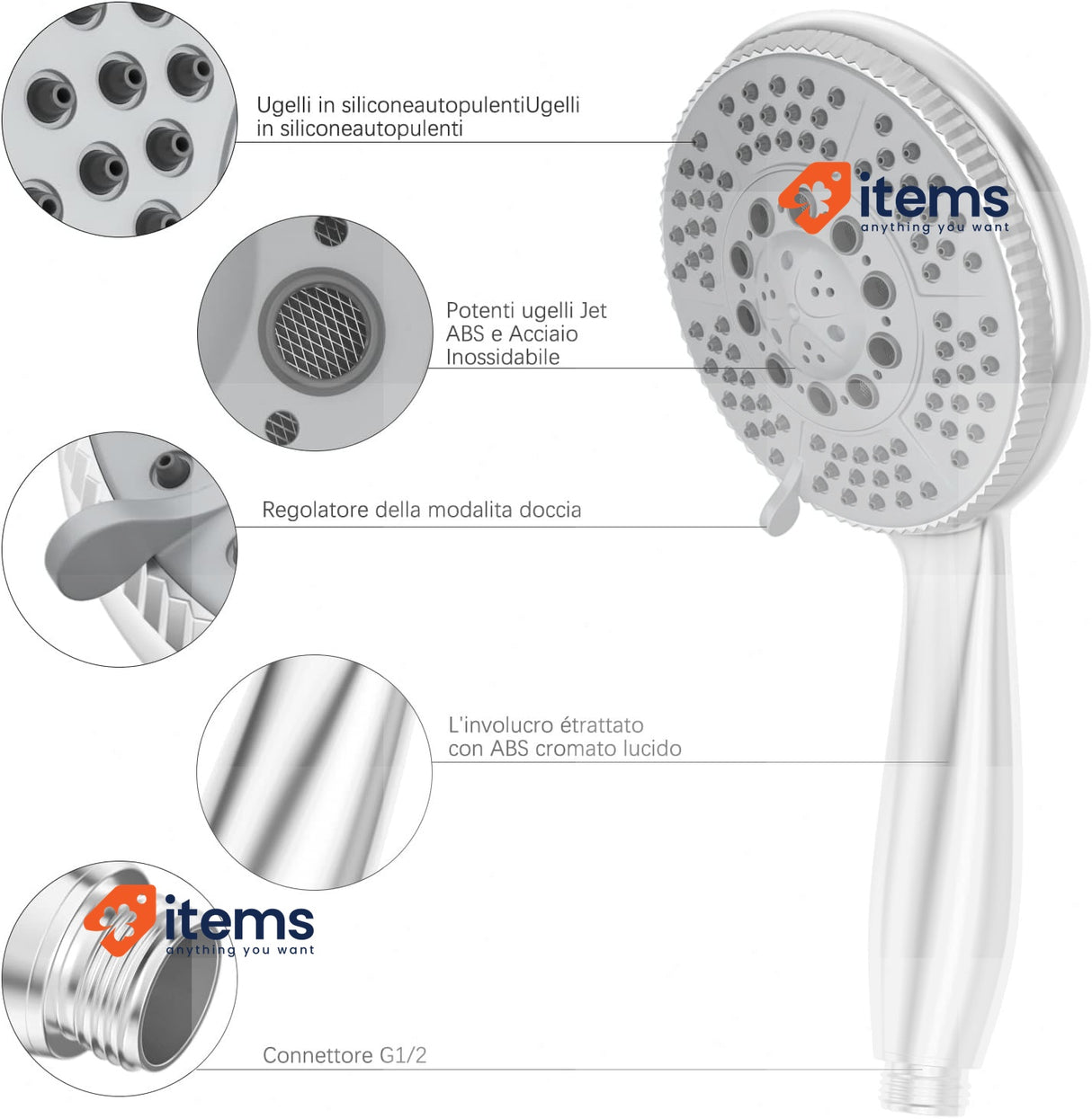 Vinabo Shower Head + 1.5 m Flexible Steel Hose, 5 Functions