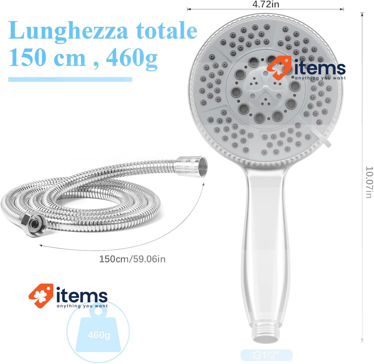 Vinabo Shower Head + 1.5 m Flexible Steel Hose, 5 Functions