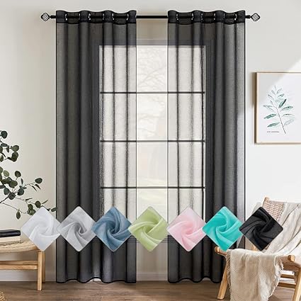 EMEMA Set Of 2 Sheer Voile Curtains With Eyelets Black Transparent Polyester Cm
