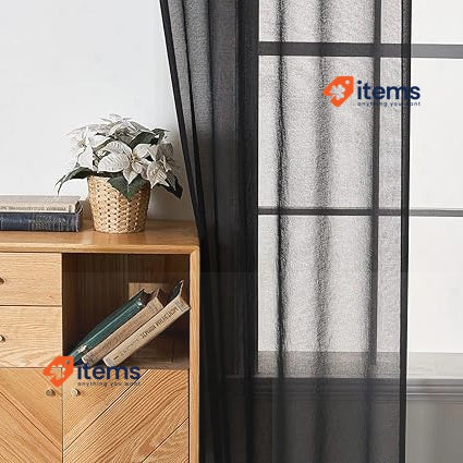 EMEMA Set Of 2 Sheer Voile Curtains With Eyelets Black Transparent Polyester Cm