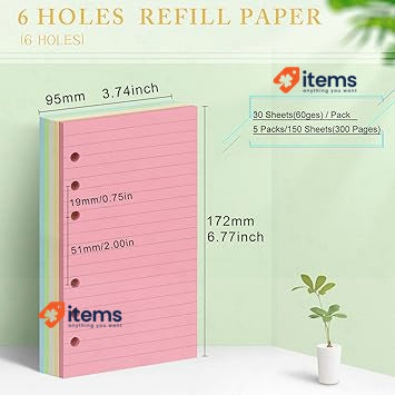 Skycase A6 Refill Paper Ring Binder Line 5 Foles Colours Sheets/300 Pages Holes