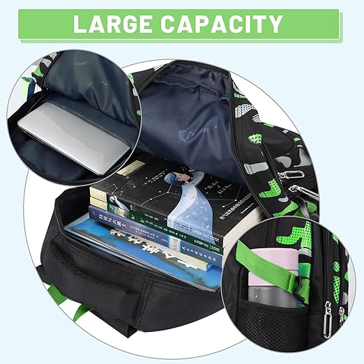 Amythe Boys Backpack, Kids School Bag for Teenagers, Waterproof Green/Black