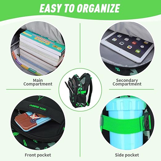 Amythe Boys Backpack, Kids School Bag for Teenagers, Waterproof Green/Black