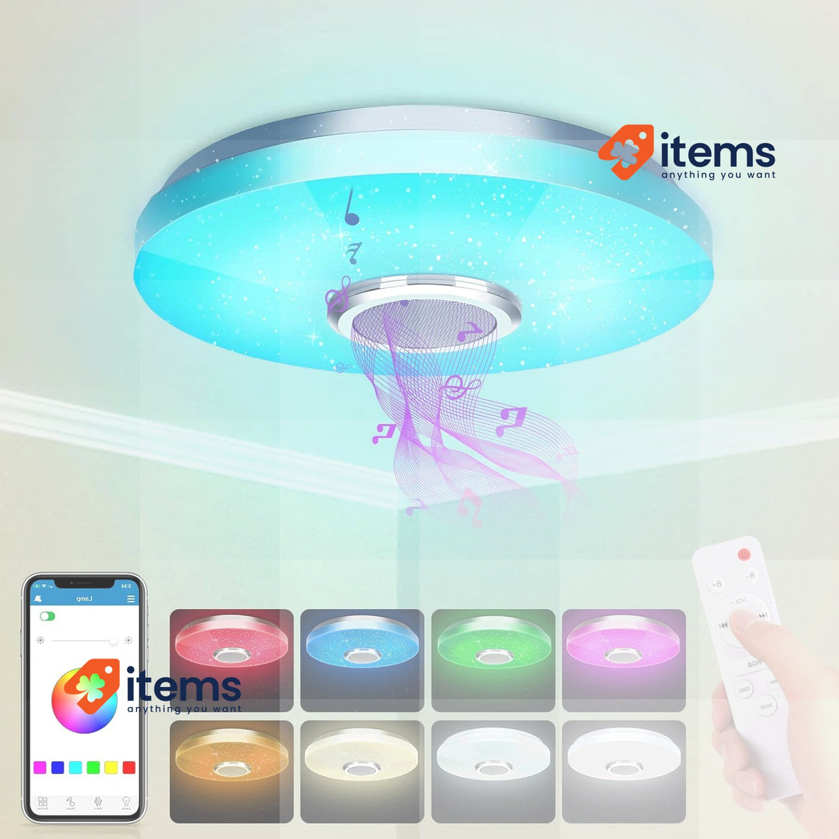 ZXICH 36W LED Ceiling Light with Bluetooth Speaker with Remote Control 30cm RGBW