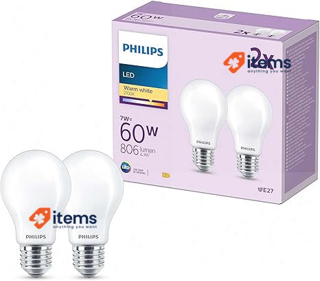 PHILIPS LED Frosted A60 Light Bulb 2 Pack Warm White 2700K E27 Edison Screw 60W