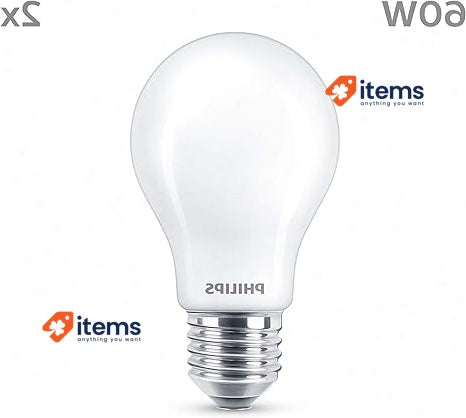PHILIPS LED Frosted A60 Light Bulb 2 Pack Warm White 2700K E27 Edison Screw 60W
