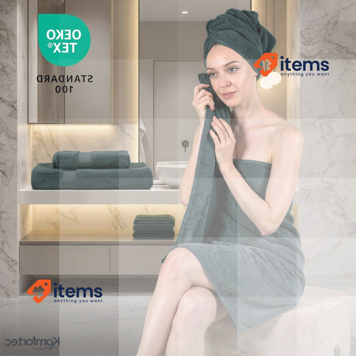 Komfortec Set of 4 Bath Towels & 4 Hand Towels, Anthracite Grey/Dark Green 8