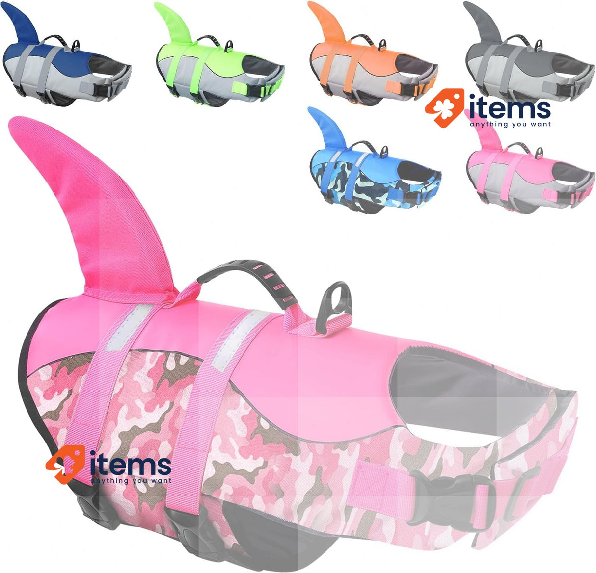 CITÉTOILE Dog Jackets Pink Camo Shark Life Jacket Buoyancy Aid Handle Reflective