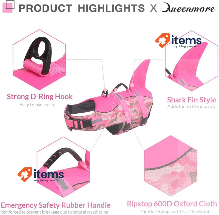 CITÉTOILE Dog Jackets Pink Camo Shark Life Jacket Buoyancy Aid Handle Reflective