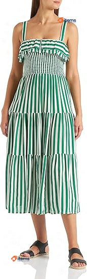 Springfield Women s Striped Midi Dress, Green/White Stripes, Size 40 EUR, 6 USA
