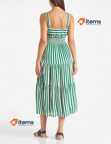 Springfield Women s Striped Midi Dress, Green/White Stripes, Size 40 EUR, 6 USA
