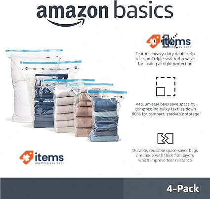 Amazon Basics Vacuum Compression Zipper Storage Bags with Hand Pump - 4 Pack