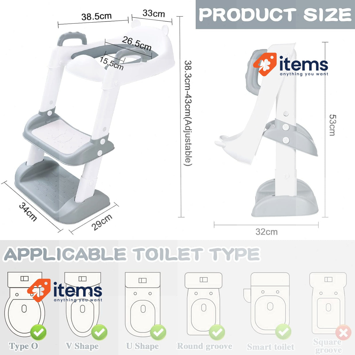 MULEVIP Children's Toilet Seat White Stairs Height-Adjustable