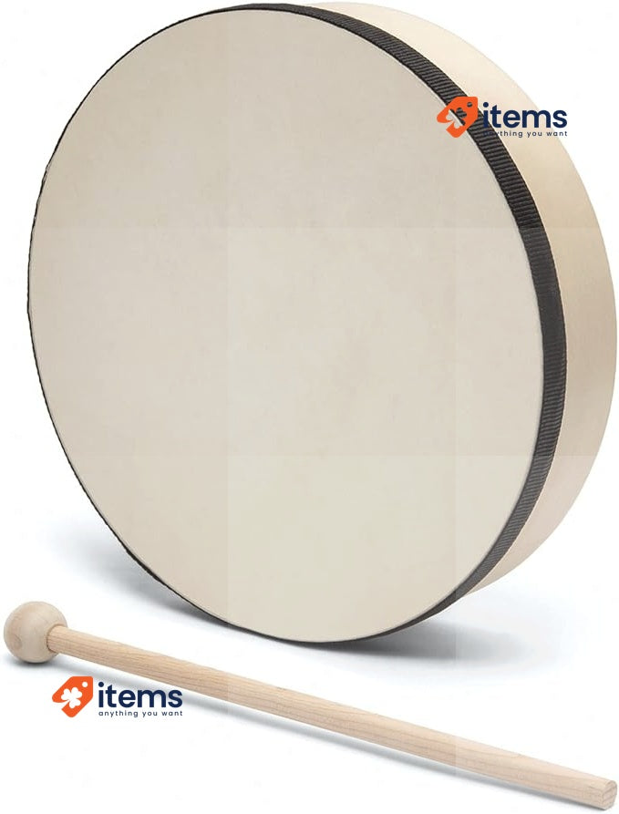 World Rhythm HD-6-BK Hand Drum - Beater Included - Authentic Goatskin Head Frame