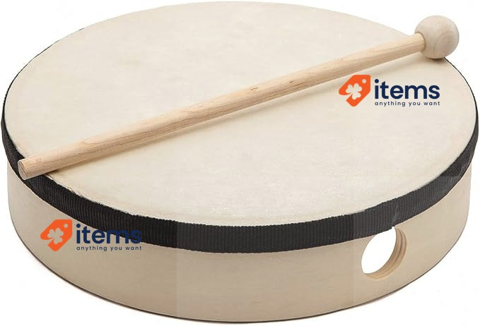 World Rhythm HD-6-BK Hand Drum - Beater Included - Authentic Goatskin Head Frame