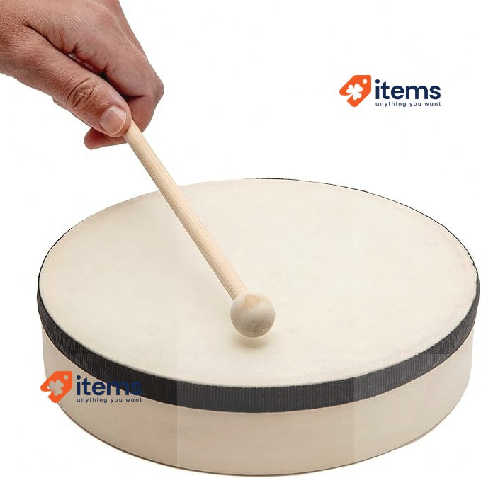 World Rhythm HD-6-BK Hand Drum - Beater Included - Authentic Goatskin Head Frame