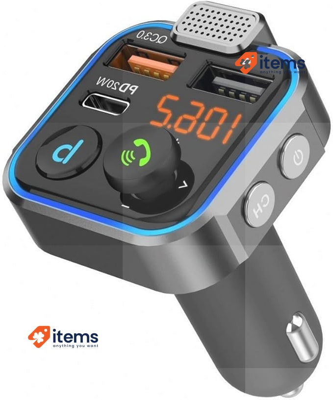 NK Bluetooth FM Transmitter - 3 Ports Charging: x2 USB QC3.0 + x1 Black 20W Type