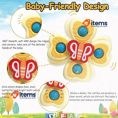 Bath Toys 3 Pieces Suction Cup Spinning Top Bath Rattle Toy for Babies 18+