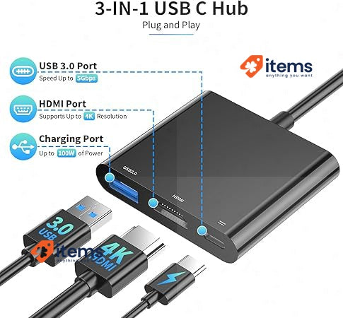 Cableglaxay USB Type C Adapter HDMI 3 In 1 - To 4K Black PD Supports 60W 2 USB-C