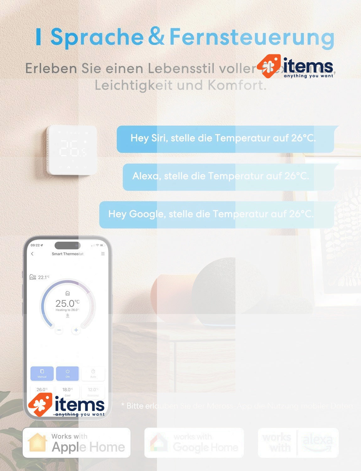 Meross Wifi Smart Thermostat For Boilers, Wall Heating Gas/Water Compatible LED