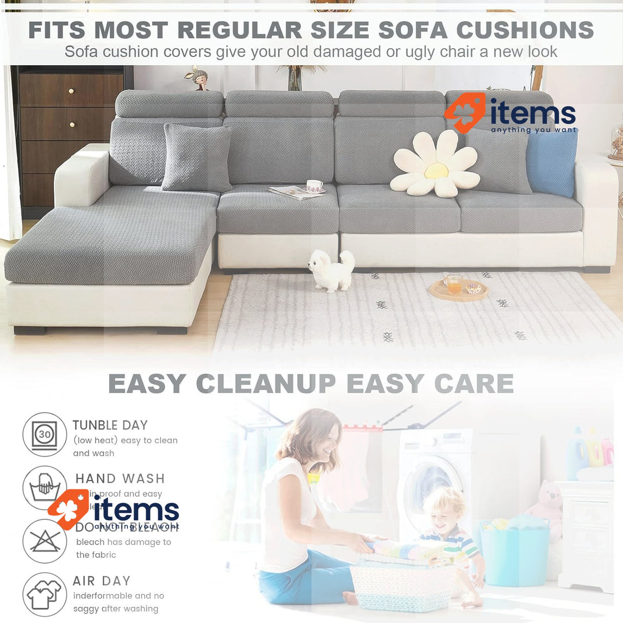 Showy Sofa Cushion Covers- High Stretch Cover (Chaise Cover, Weave Grey) Seat