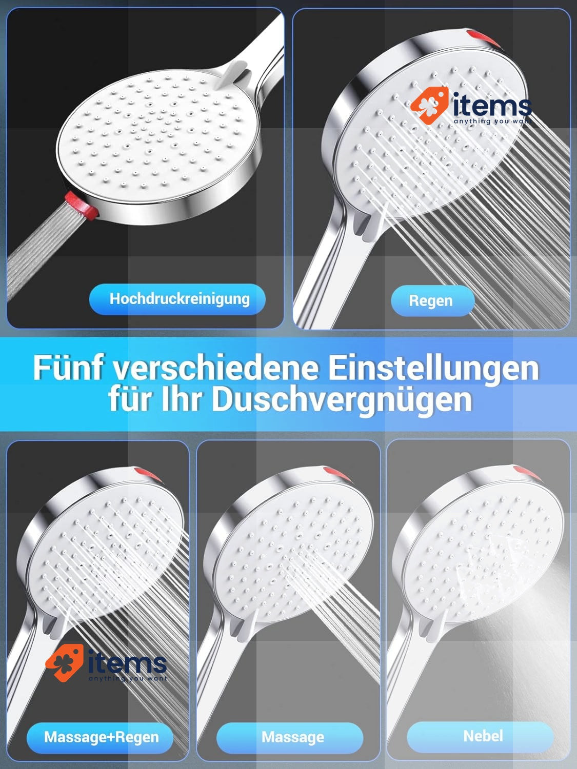 SREWOHS Water-Saving Shower Head with Hose Holder, Economy with Hose 1.6 m