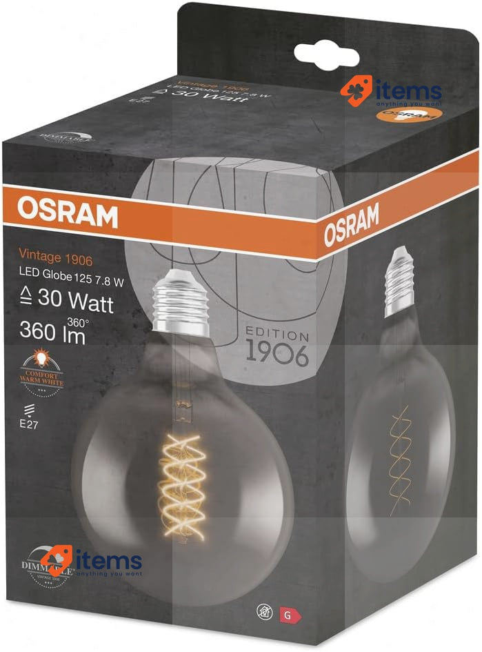 OSRAM Vintage 1906 Smoke Tinted LED Lamp, 7.8W 360lm, Globe Shape 125mm E27 Base