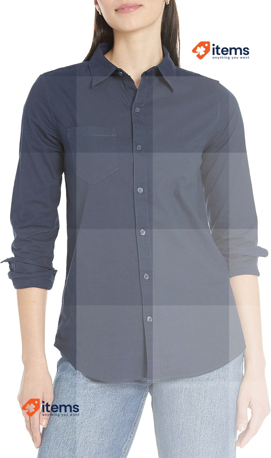 Amazon Essentials Women's Long - Sleeve Button Down Oxford Shirt Navy, Size Plus