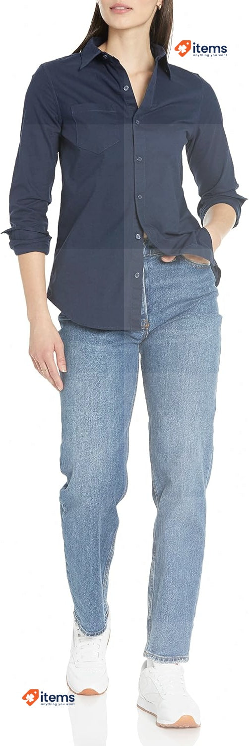 Amazon Essentials Women's Long - Sleeve Button Down Oxford Shirt Navy, Size Plus