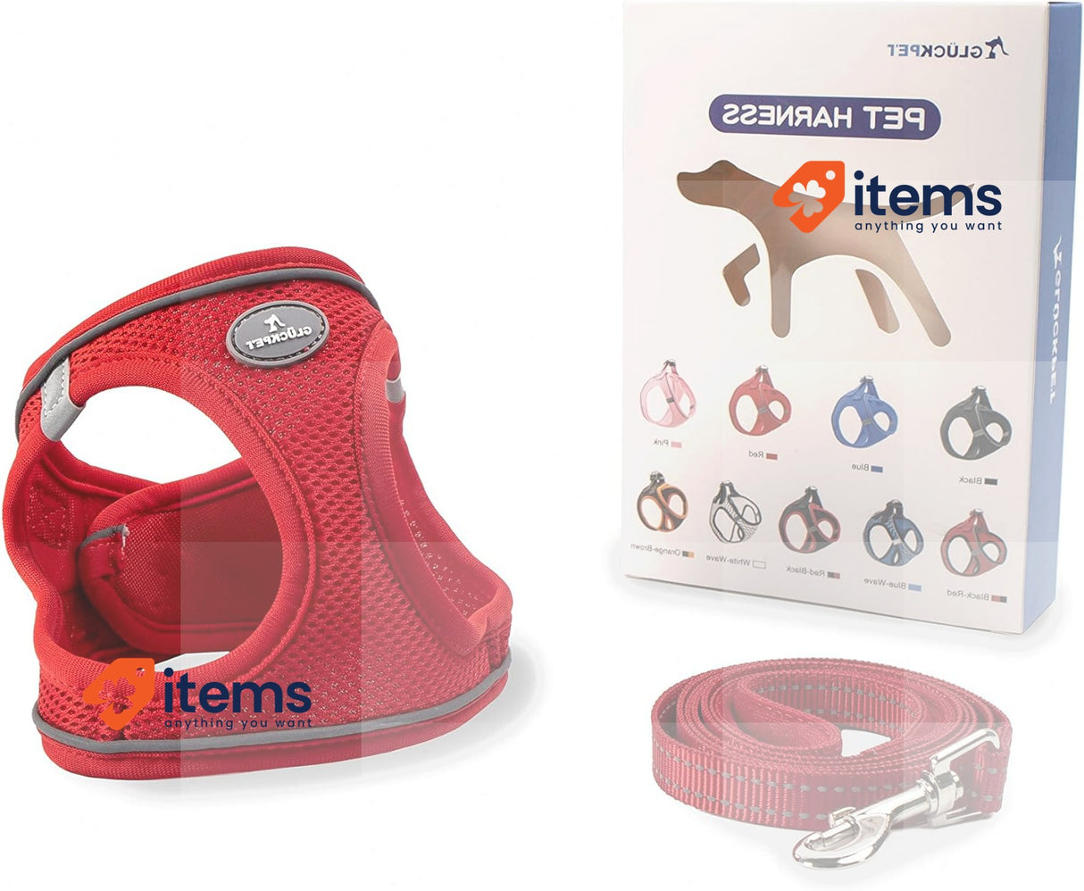 GLÜCKPET Small & Medium Dog Harness with 1.4m Leash Breathable XS Red Dogs