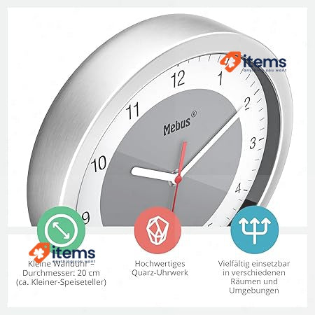 Mebus Model: 16210 Quartz Wall Clock/Small Clock For Small Spaces/Silver Frame