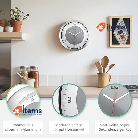 Mebus Model: 16210 Quartz Wall Clock/Small Clock For Small Spaces/Silver Frame