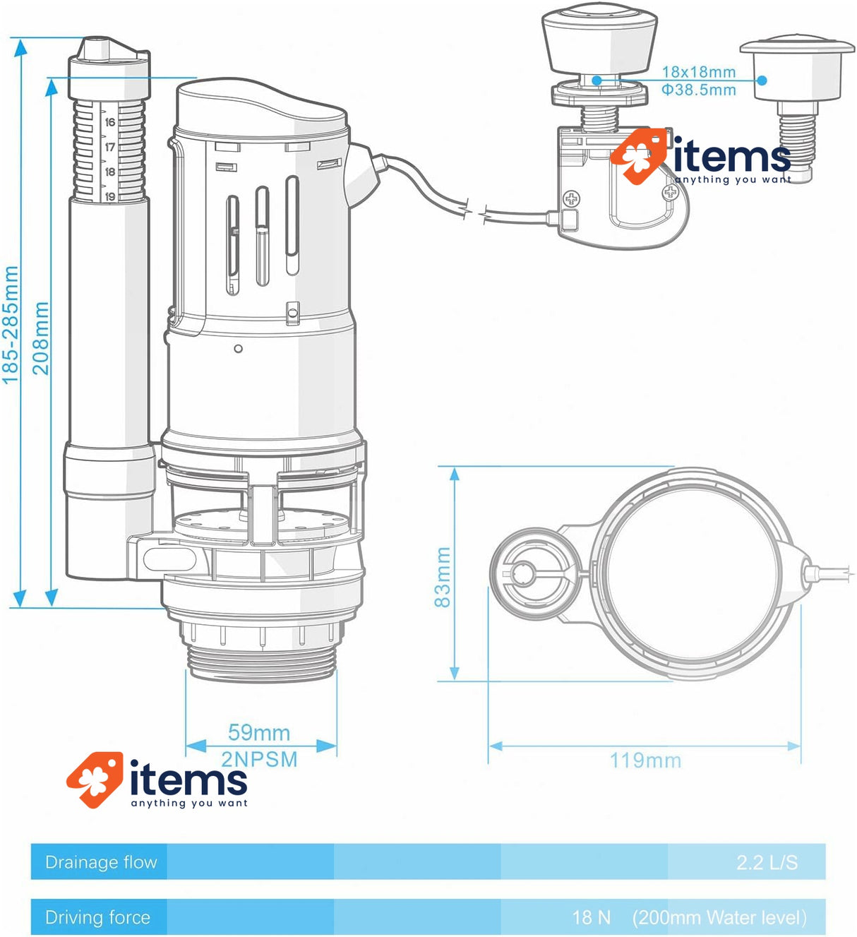 Ibergrif M20522 Toilet Dual Flush Valve With Button, Suitable For 2 Inch 61MM