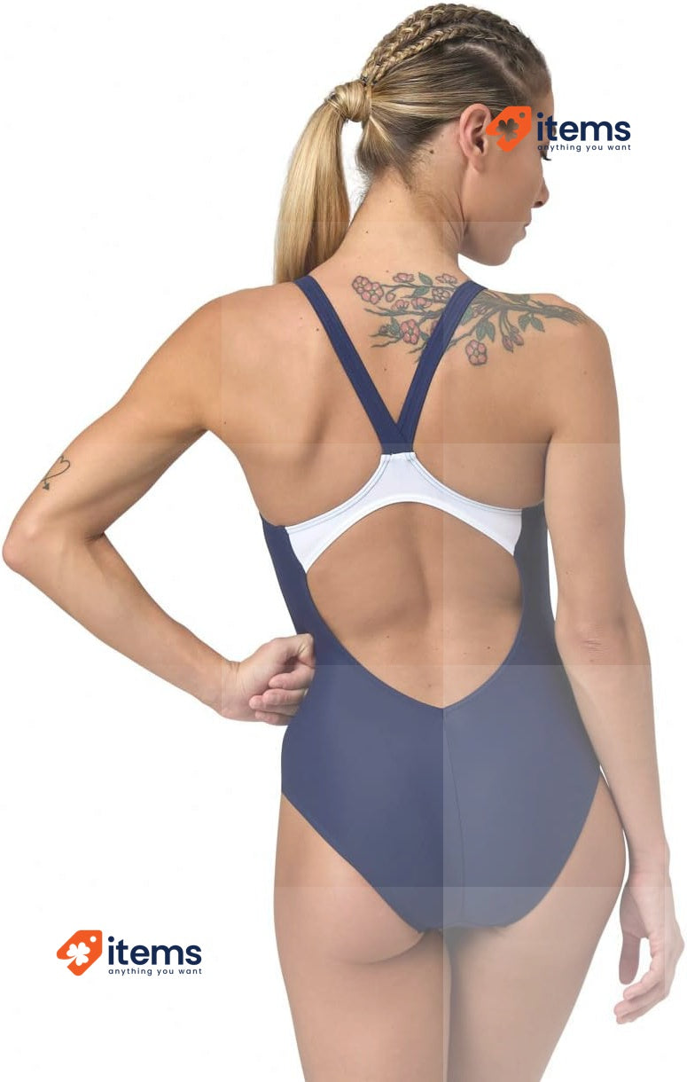 Arena Women s Threefold V Back One Piece Swimsuit Navy-neon Blue-white 34 UK