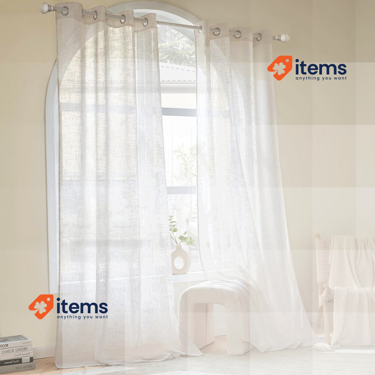Woaboy Linen White Curtains, Semi-Transparent Curtains, Set of 2, 140 x 260 cm