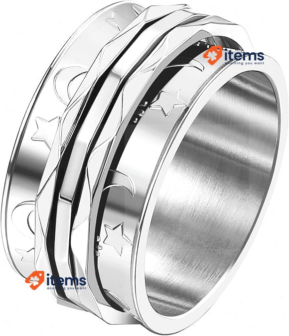 Jewelrywe Retro Fidget Spinner Ring Womens Moon And Star US9 Stainless Pattern