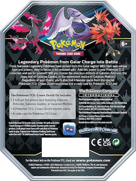 Pokémon TCG: Crown Zenith Tin – Galarian Zapdos,1 Foil Card & 4 Boosterpacks