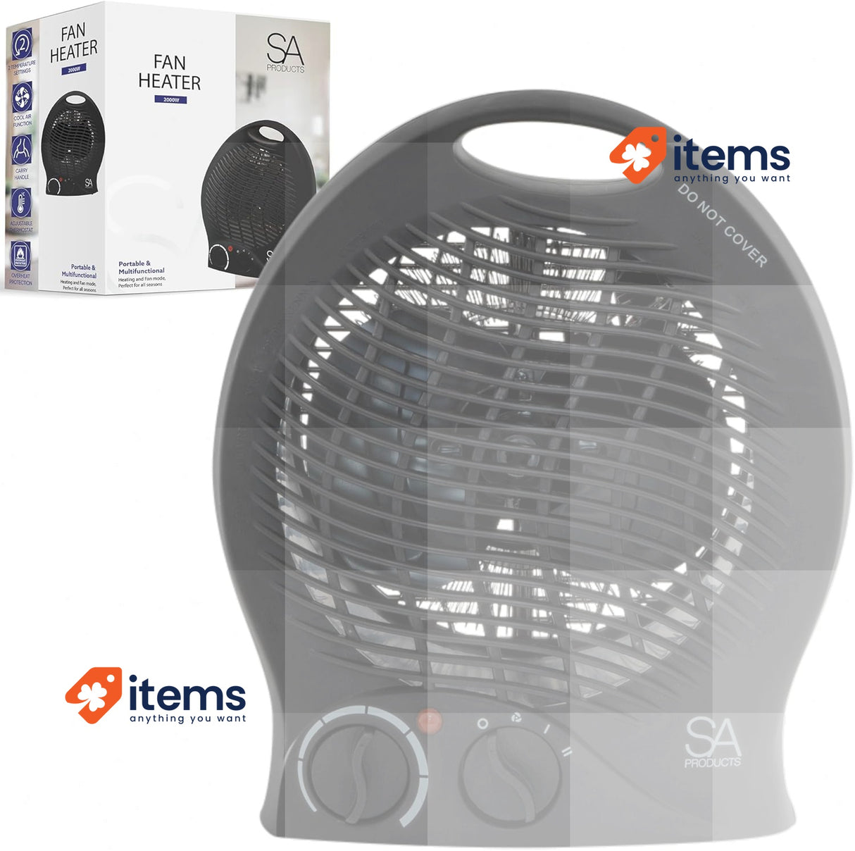 SA Products Fan Heater, Electric Heater, Portable with 2 Heat Settings Black