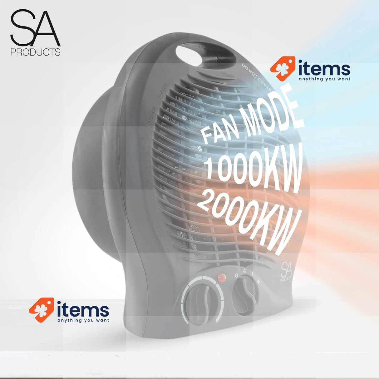 SA Products Fan Heater, Electric Heater, Portable with 2 Heat Settings Black