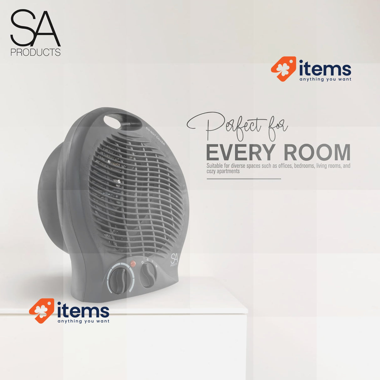 SA Products Fan Heater, Electric Heater, Portable with 2 Heat Settings Black